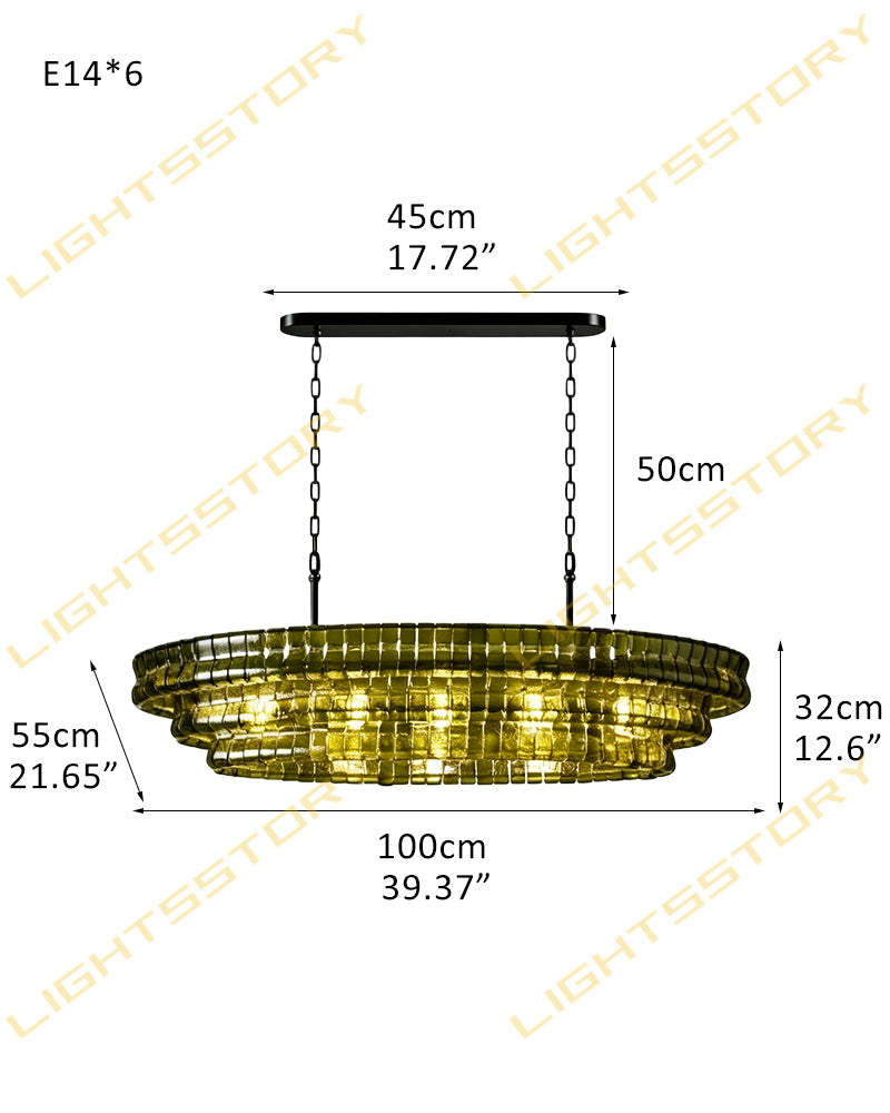 Brina Ghiaccio Smoked Green Murano Glass Oval Linear Chandelier - Textured Ice Glass, Lux Gold Trim - Kitchen Islands & Dining Rooms