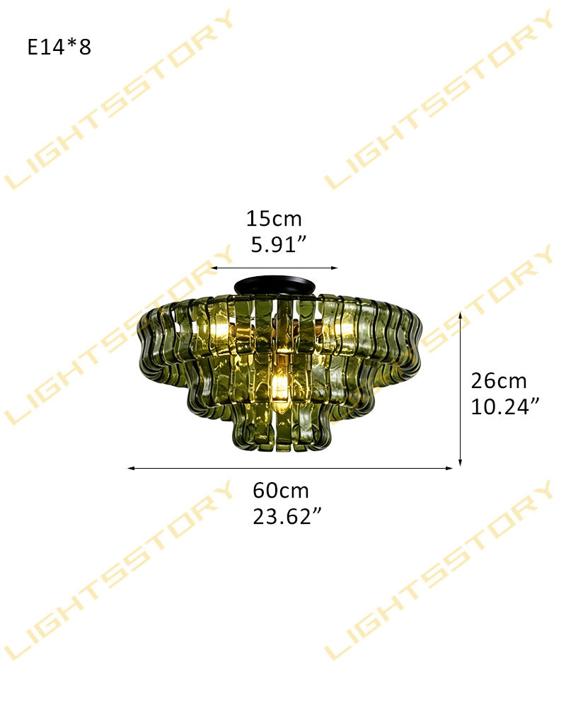 Brina Ghiaccio Murano Glass Smoked Green Cascade Ceiling Light - Textured Glass, Semi Flush Mount - Living Rooms & Dining Rooms.