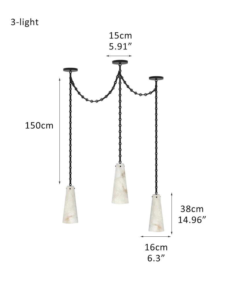 Modern Alabaster Chandelier 2 Light, Double Pendant with adjustable brass/black chain