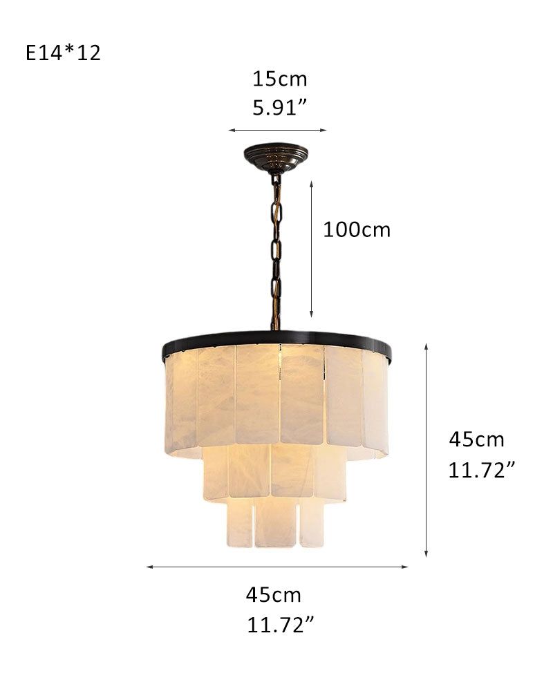 Dimensions of 7-layer round alabaster chandelier with black finish.