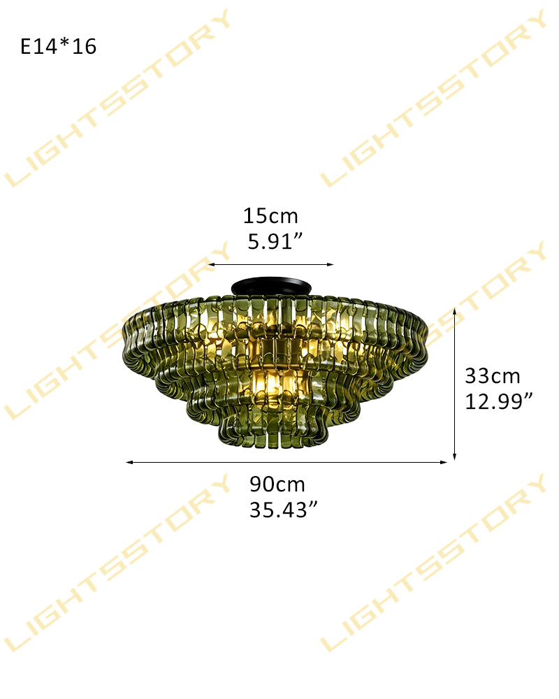 Brina Ghiaccio Murano Glass Smoked Green Cascade Ceiling Light - Textured Glass, Semi Flush Mount - Living Rooms & Dining Rooms.