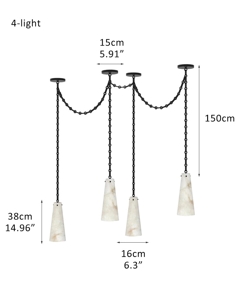Modern Alabaster Chandelier 2 Light, Double Pendant with adjustable brass/black chain