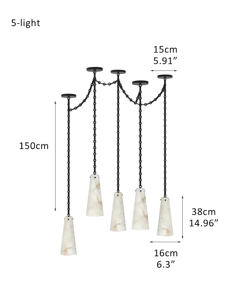 Modern Alabaster Chandelier 2 Light, Double Pendant with adjustable brass/black chain