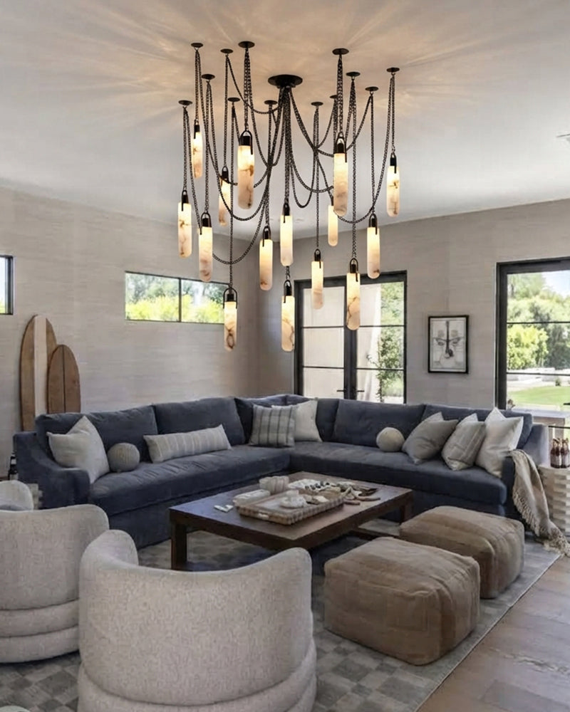 Linear Alabaster Cluster Pendant Light - Natural Spanish Alabaster, Matte Brass & Black Trim - Luxury Home Interior Lighting