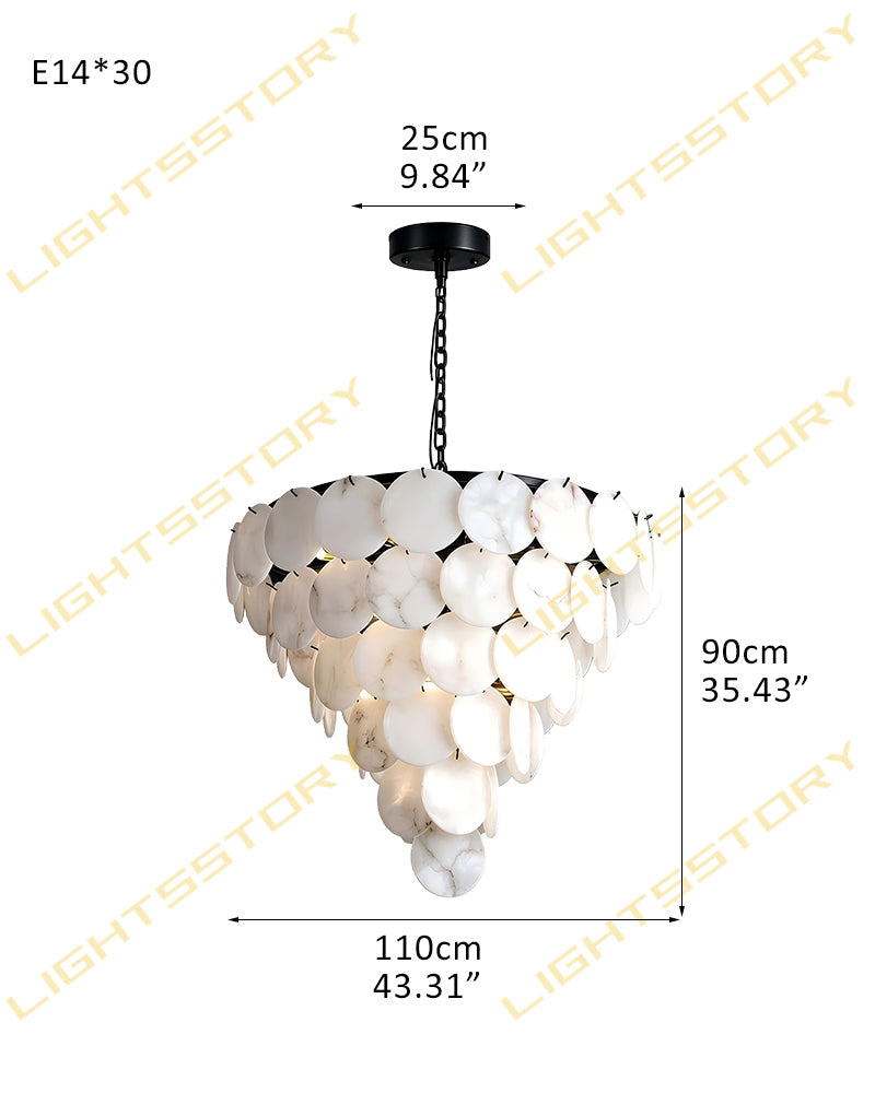 Alabaster disc chandelier with black ceiling mount; 110cm wide, 90cm height.