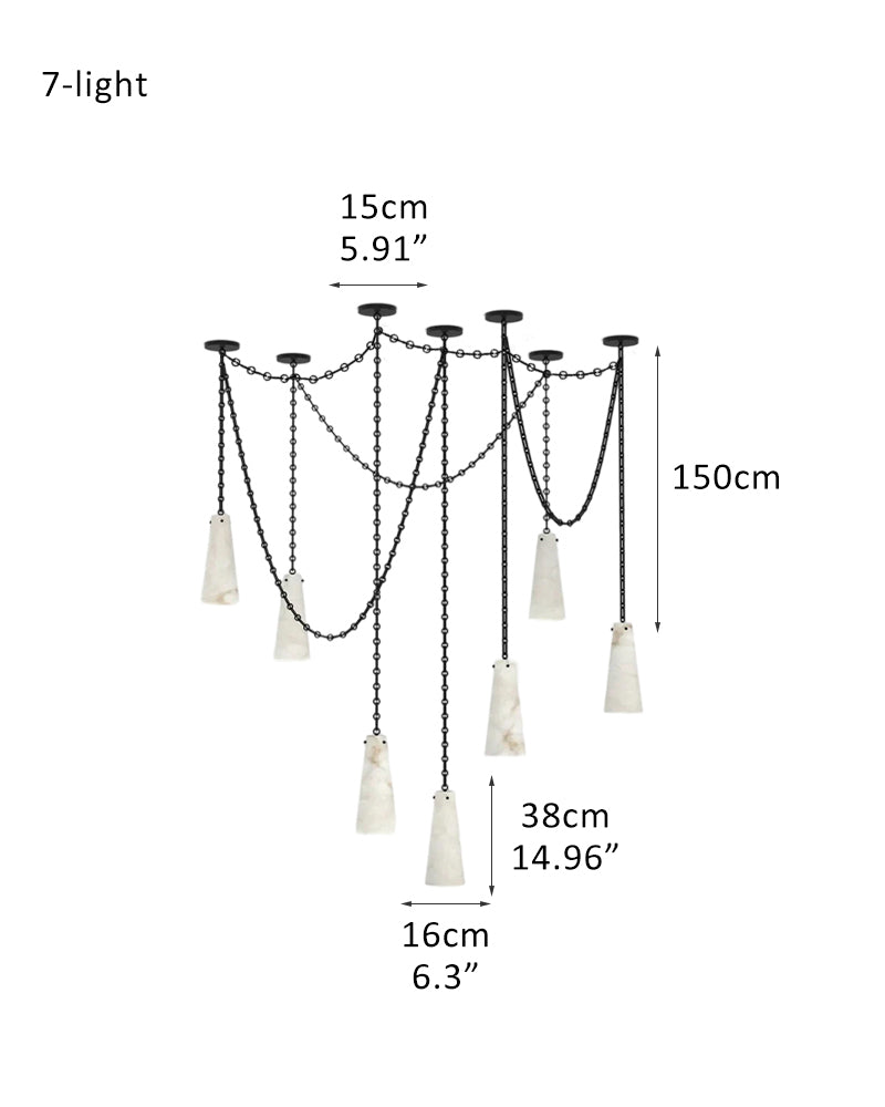 Modern Alabaster Chandelier 2 Light, Double Pendant with adjustable brass/black chain