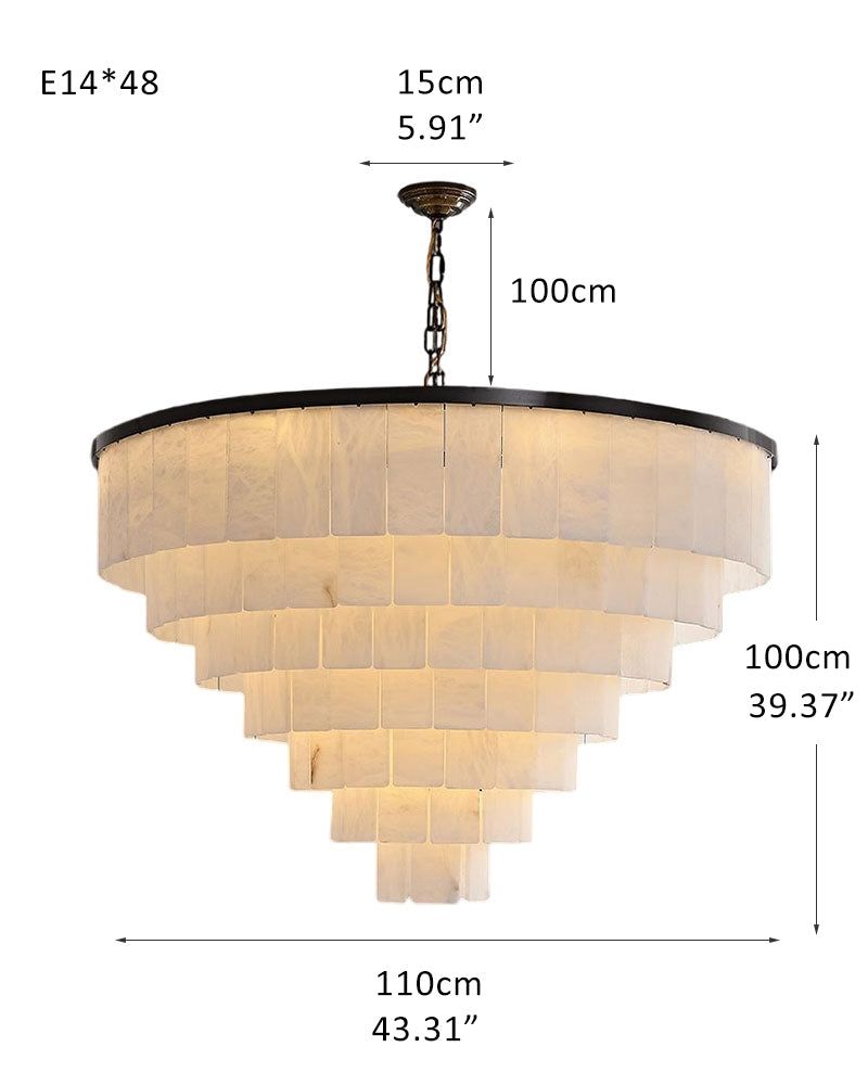 Dimensions of 7-layer round alabaster chandelier with black finish, 100cm height