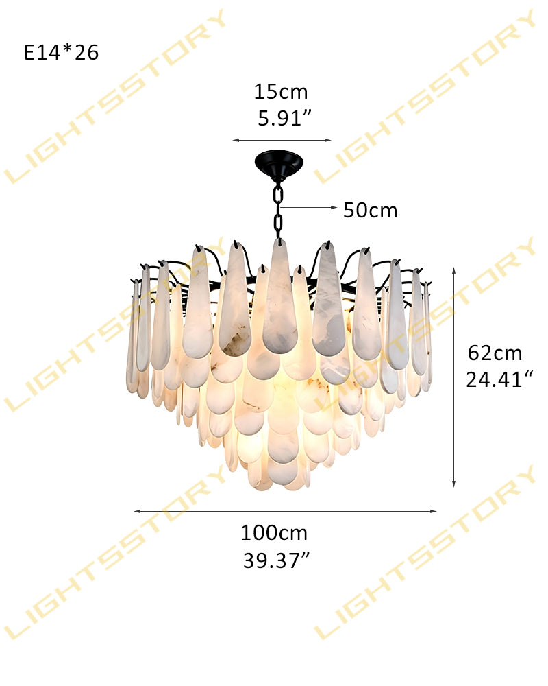 Alabaster Organic Petal Round Halo Ring Linear Chandelier - Natural Spanish Alabaster, Lux Gold Trim - Living Rooms, Bedrooms, Dining Rooms