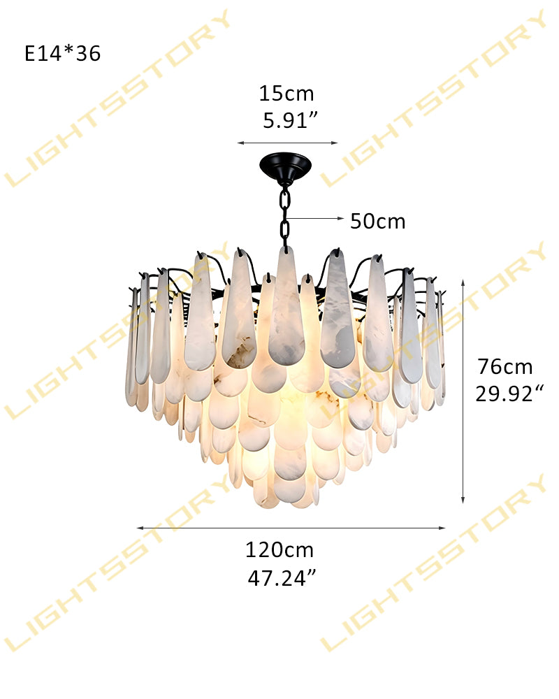 Alabaster Organic Petal Round Halo Ring Linear Chandelier - Natural Spanish Alabaster, Lux Gold Trim - Living Rooms, Bedrooms, Dining Rooms
