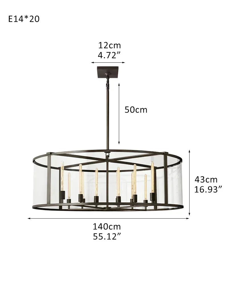 8/12/16/20 Halogen Light with Glass Lantern Chandelier Brushed Brass/Black Steel Frame R-L140*H43CM L55.12“*H16.93" Black American Vintage chandelier lamp
