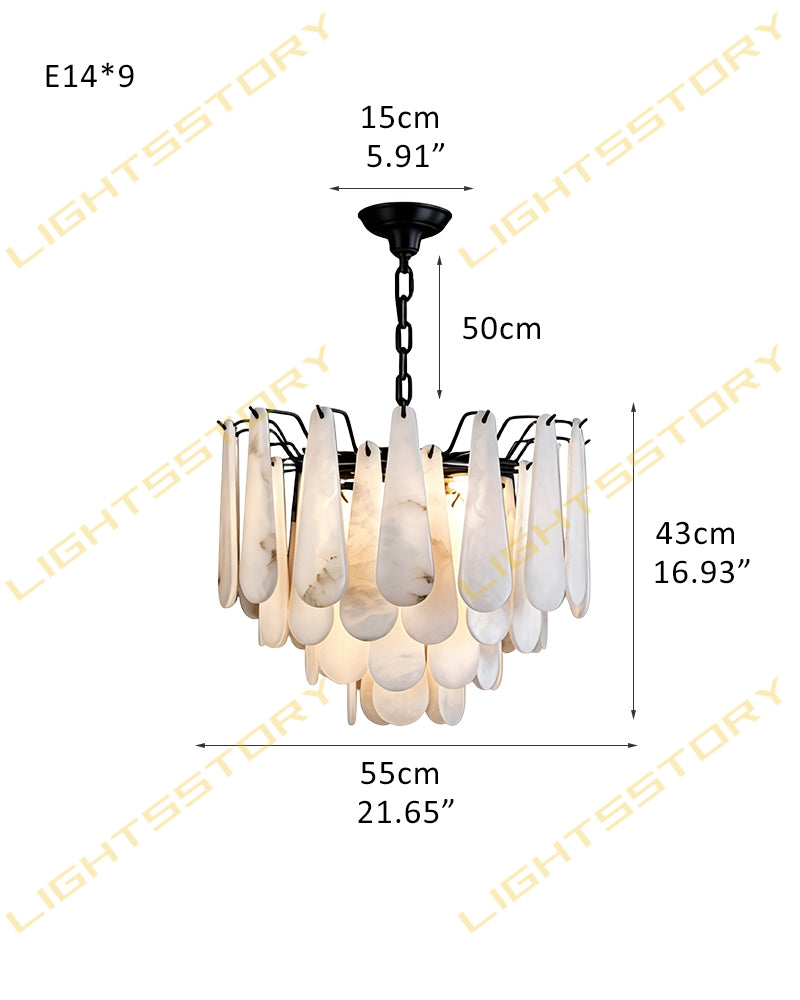 Alabaster Organic Petal Round Halo Ring Linear Chandelier - Natural Spanish Alabaster, Lux Gold Trim - Living Rooms, Bedrooms, Dining Rooms