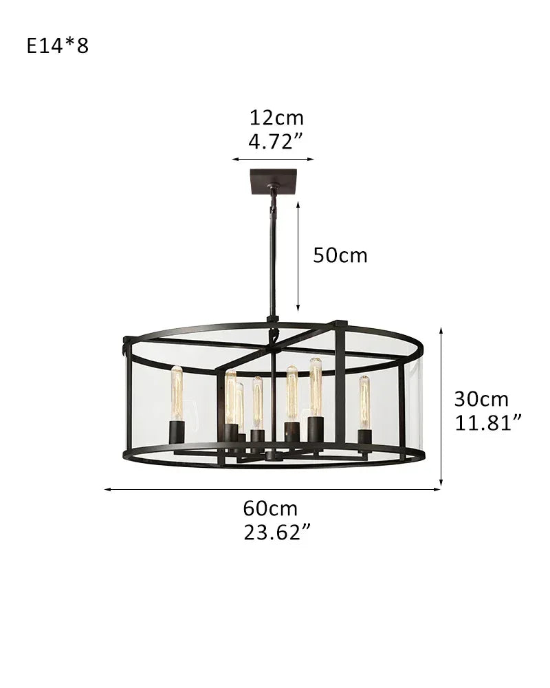8/12/16/20 Halogen Light with Glass Lantern Chandelier Brushed Brass/Black Steel Frame R-L60*H30CM L23.62“*H11.81" Black American Vintage chandelier lamp