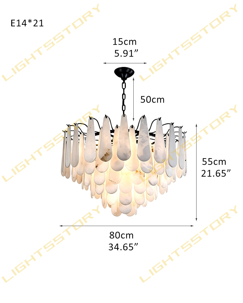 Alabaster Organic Petal Round Halo Ring Linear Chandelier - Natural Spanish Alabaster, Lux Gold Trim - Living Rooms, Bedrooms, Dining Rooms