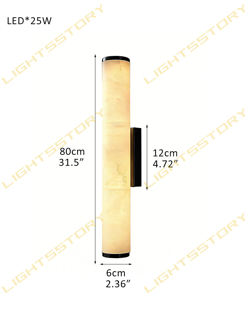 LED Copper Cylindrical Natural Marble Alabaster Wall Sconce Lamp,H30/40/50/60CM D6*H80CM D2.36*H31.5" White + Black Flush Mounted Wall Sconce Lamp