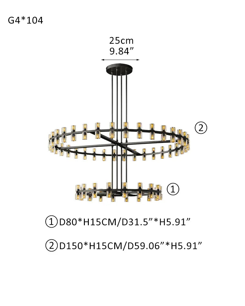 Lacquered Brass/Black Wagon Wheel Arcachon Round Crystal 2 Tier Chandelier For Foyer Entrance 104-light-D80+D150 D31.5"+D59.06" Black American chandelier
