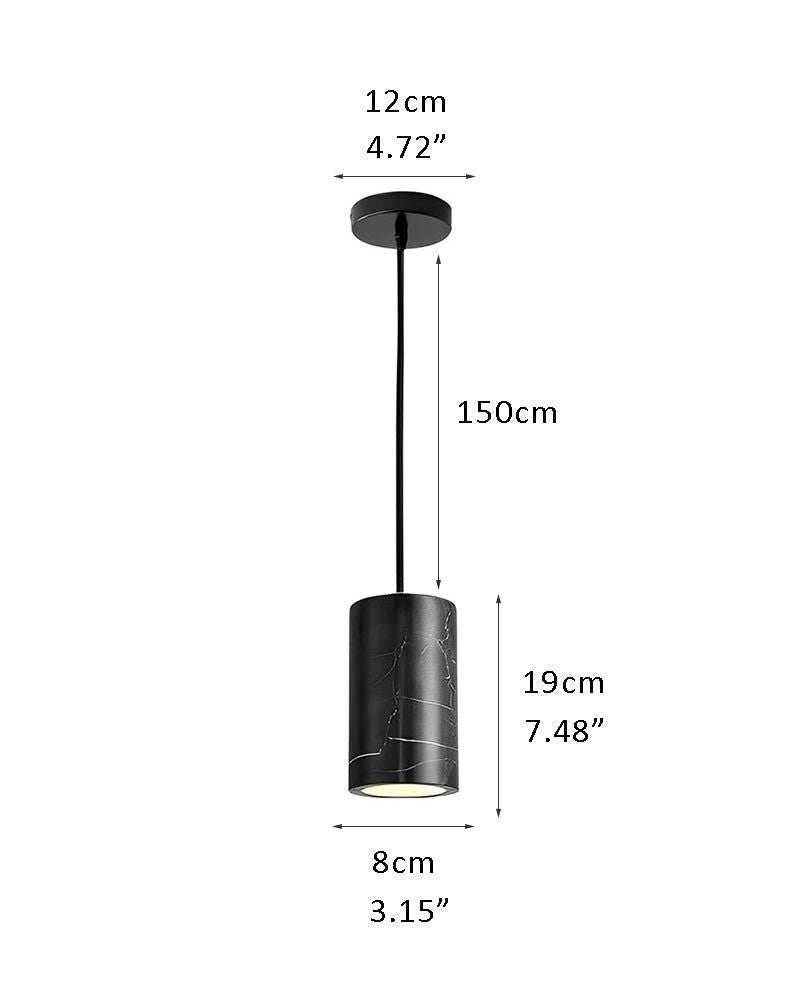 Black marble cylinder pendant lamp with dimensions for lighting design options.