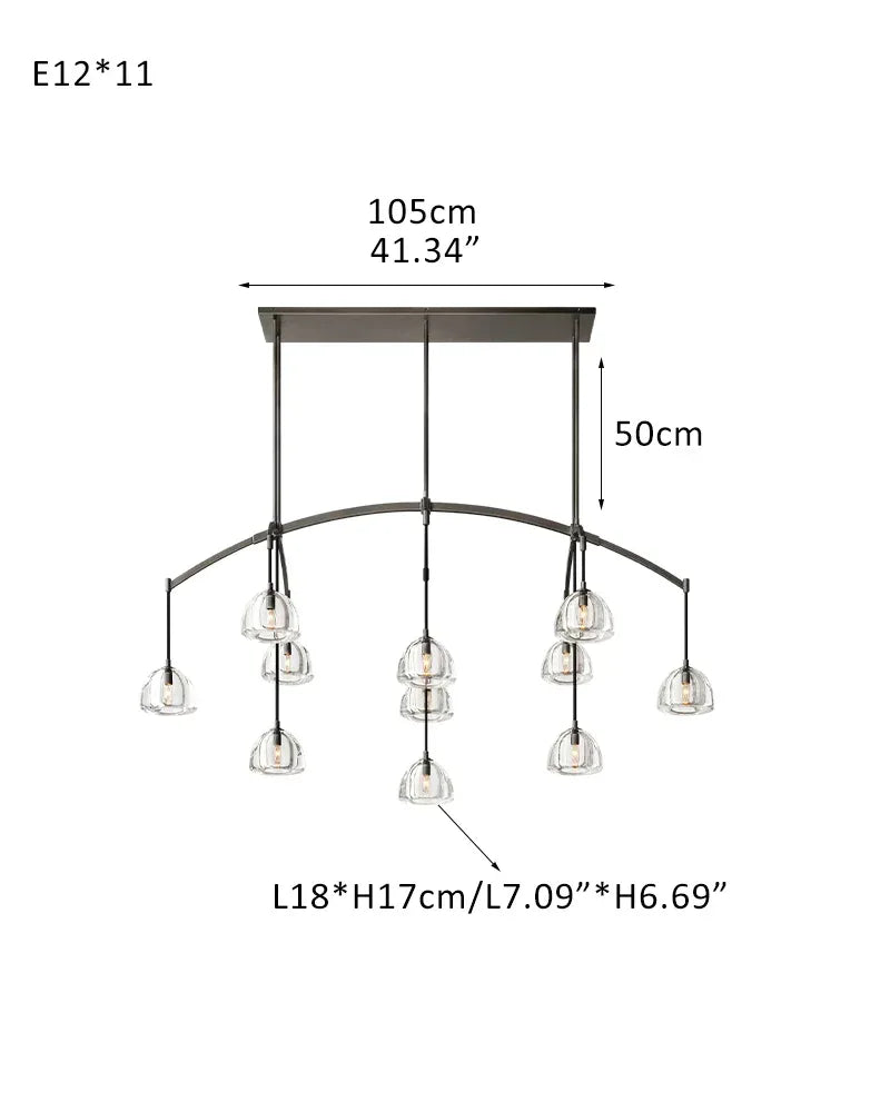 Verbier Series Ethereal Chandelier | Crystal Hemisphere Lathe-carved solid crystal blocks and solid brass frame, Brushed Black Steel finish for Grand Foyers and Dining Rooms 11-light-L183*W69*H93CM L72"*W27"*36" Brass American chandelier