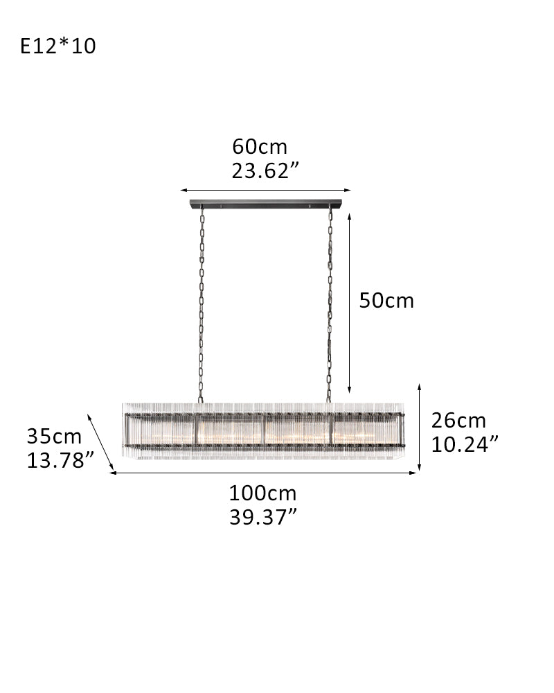 San Marco Rectangular Ribbed Glass Chandelier 40" 60" 72" in Antiqued Brass/Black Steel
