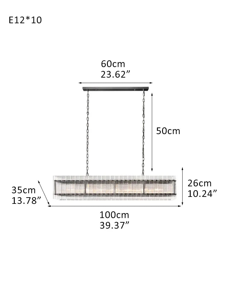 San Marco Rectangular Ribbed Glass Chandelier 40" 60" 72" in Antiqued Brass/Black Steel 10-light-L100*W35*H26CM L39.4"*W13.8"*H10.2" Black American chandelier