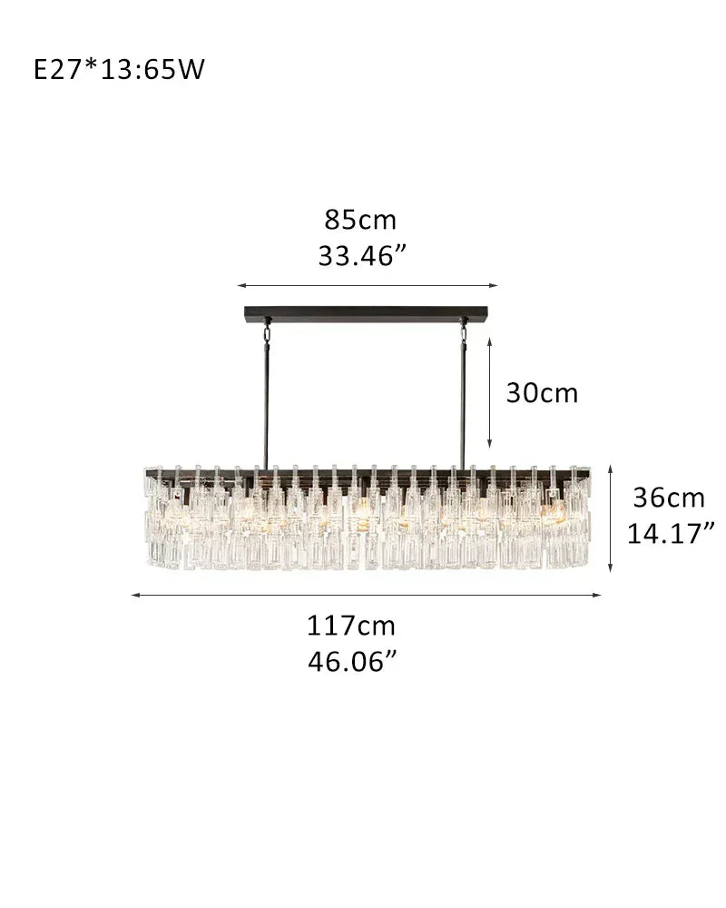 13 Lights 60" Wide Rectangular Crystal Chandelier Stain Golden Linear indoor lighting L117*W40*H36CM L46.06*W15.75*H14.17" Black American chandelier
