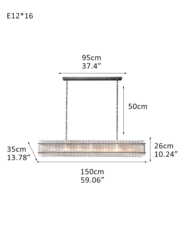 San Marco Rectangular Ribbed Glass Chandelier 40" 60" 72" in Antiqued Brass/Black Steel