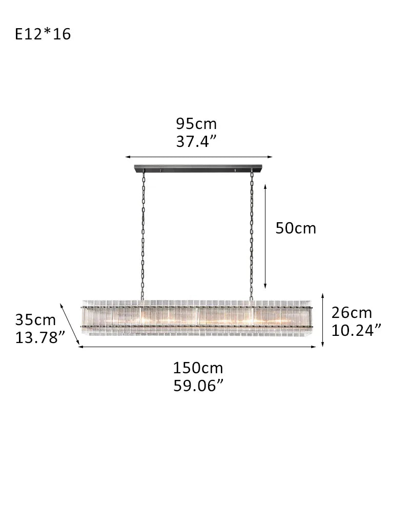 San Marco Rectangular Ribbed Glass Chandelier 40" 60" 72" in Antiqued Brass/Black Steel 16-light-L150*W35*H26CM D59.1"*W13.8"*H10.2" Black American chandelier