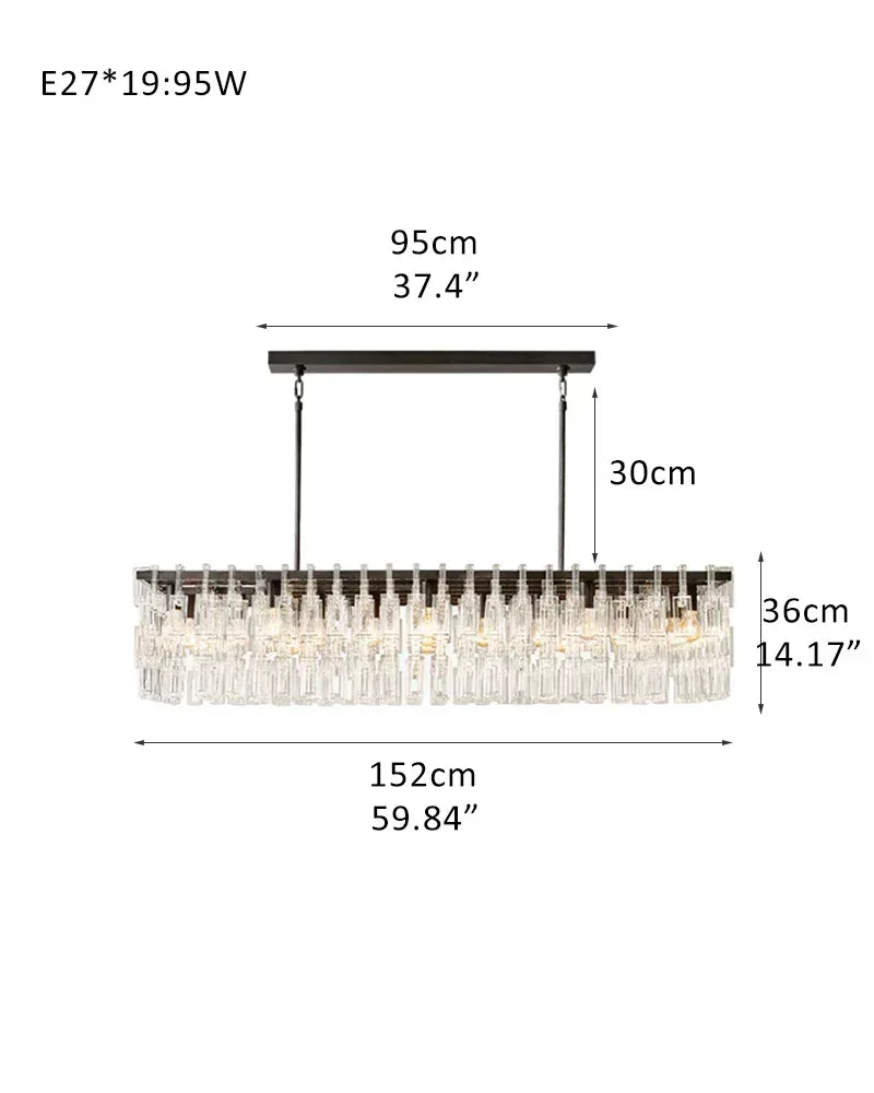 13 Lights 60" Wide Rectangular Crystal Chandelier Stain Golden Linear indoor lighting L152*W40*H36CM L59.84*W15.75*H14.17" Black American chandelier