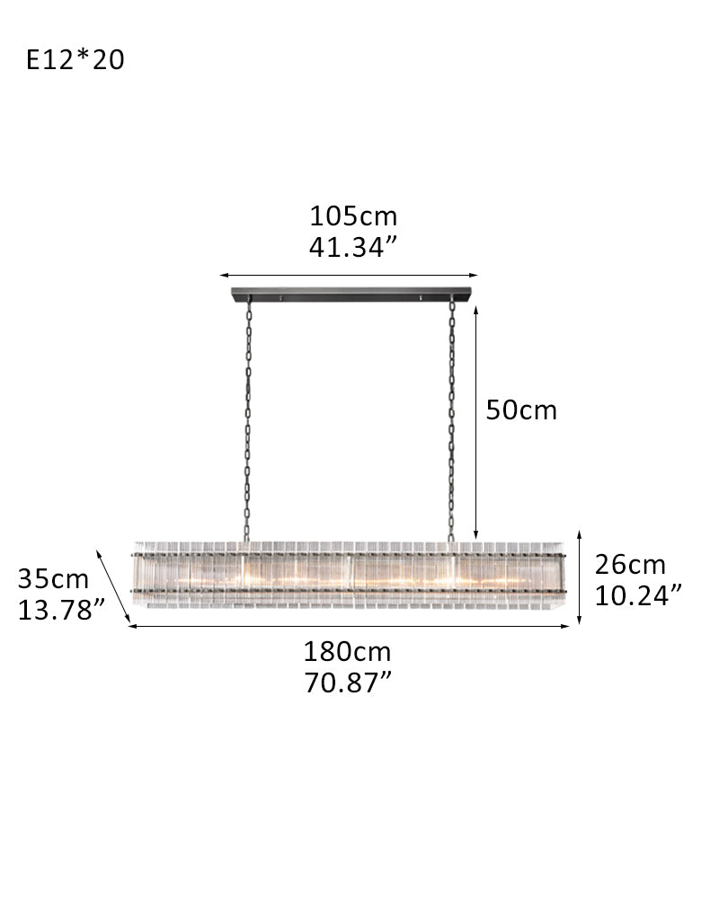 San Marco Rectangular Ribbed Glass Chandelier 40" 60" 72" in Antiqued Brass/Black Steel