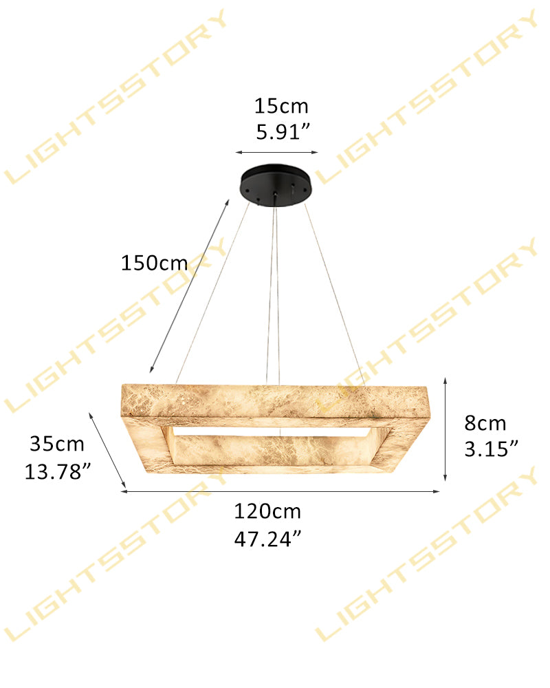Alabaster Hollow Rectangular Halo Frame Suspended Linear Pendant Light - Natural Spanish Alabaster, Lux Gold Trim - Kitchens, Dining & Living Rooms