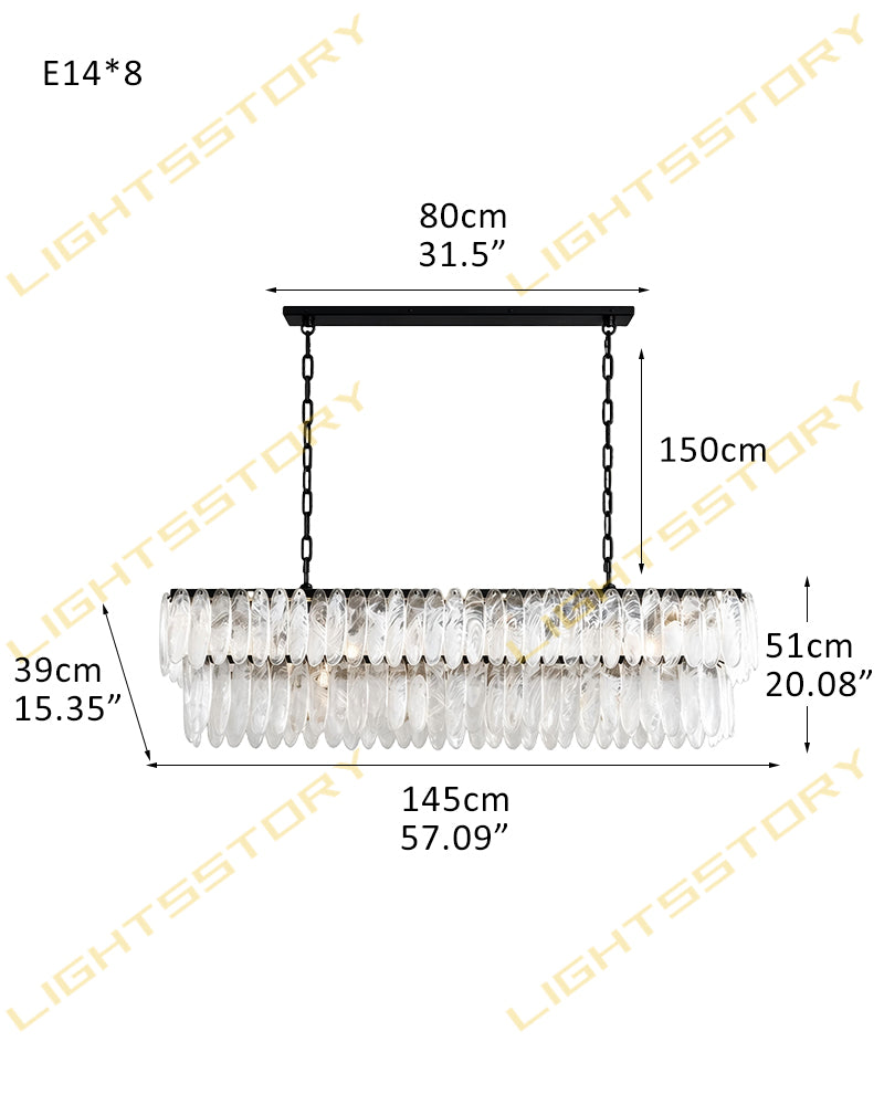 Multi-tier clear glass chandelier with black trim, long bar and hanging crystal droplets