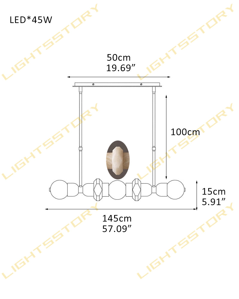 Technical dimension diagram of a linear LED pendant light fixture, showing measurements of 145cm length, 100cm drop, 50cm canopy width, and 15cm bulb spacing, with a small inset photo of the actual light fixture.