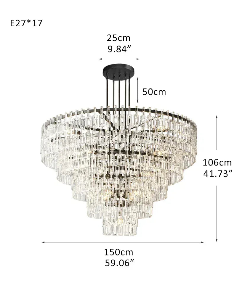 Montreux Series Cascading Chandelier | Four-Tier Round Hand-Set Prismatic Crystals & Interlocking Steel, Premium Gold or Matte Black for Grand Entryways, Dining Areas, and Living Rooms 5-tier-D150*H106CM D59.06“*H41.73" Black American chandelier