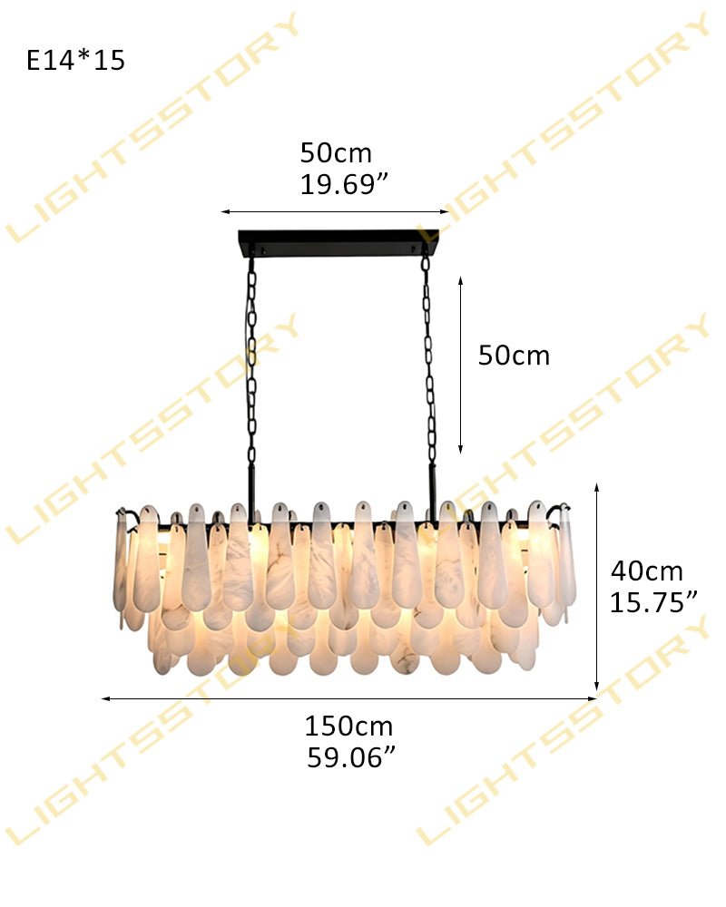 Alabaster Organic Petal Oval Ring Linear Chandelier - Natural Spanish Alabaster, Lux Gold Trim - Kitchen Islands & Dining Rooms