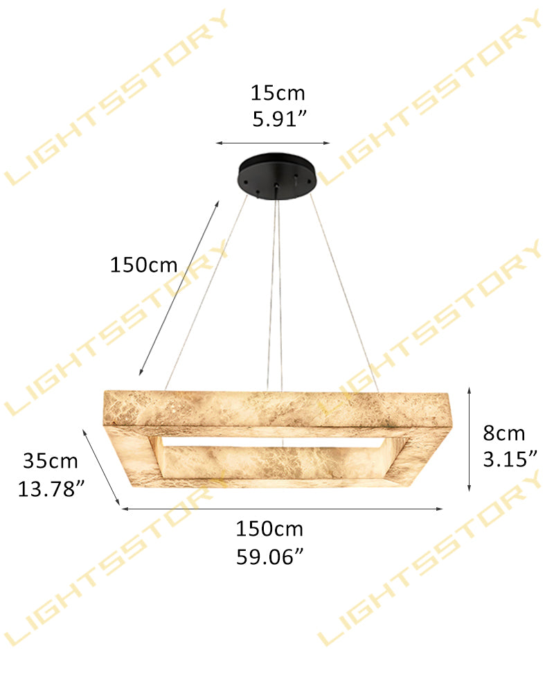 Alabaster Hollow Rectangular Halo Frame Suspended Linear Pendant Light - Natural Spanish Alabaster, Lux Gold Trim - Kitchens, Dining & Living Rooms