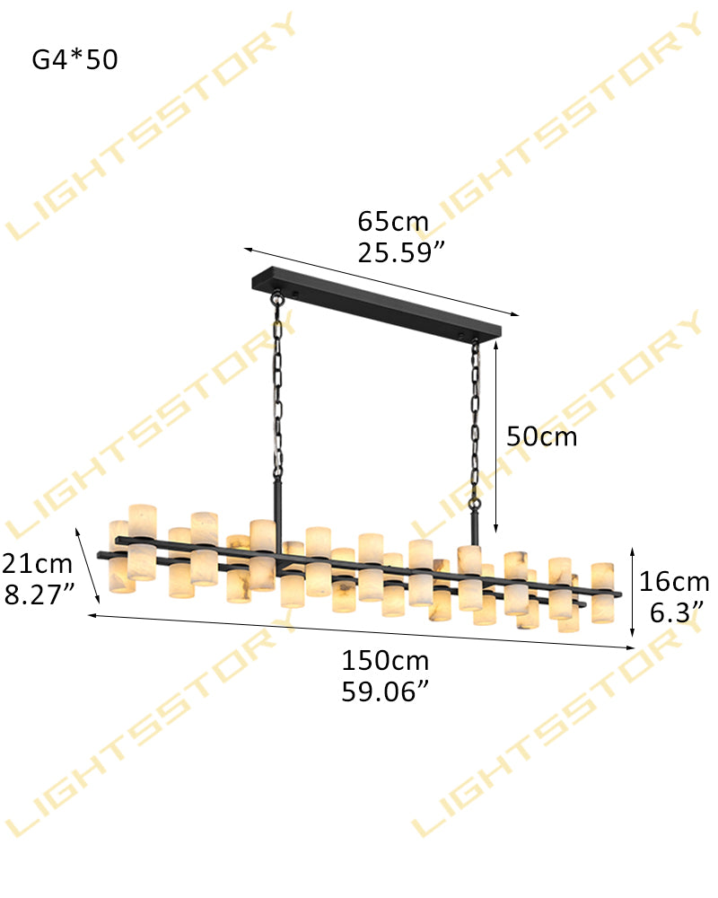 Alabaster Dual Cylinder Candle Column Linear Chandelier - Natural Spanish Alabaster, Heritage Brass Trim - Kitchen Islands & Dining Rooms