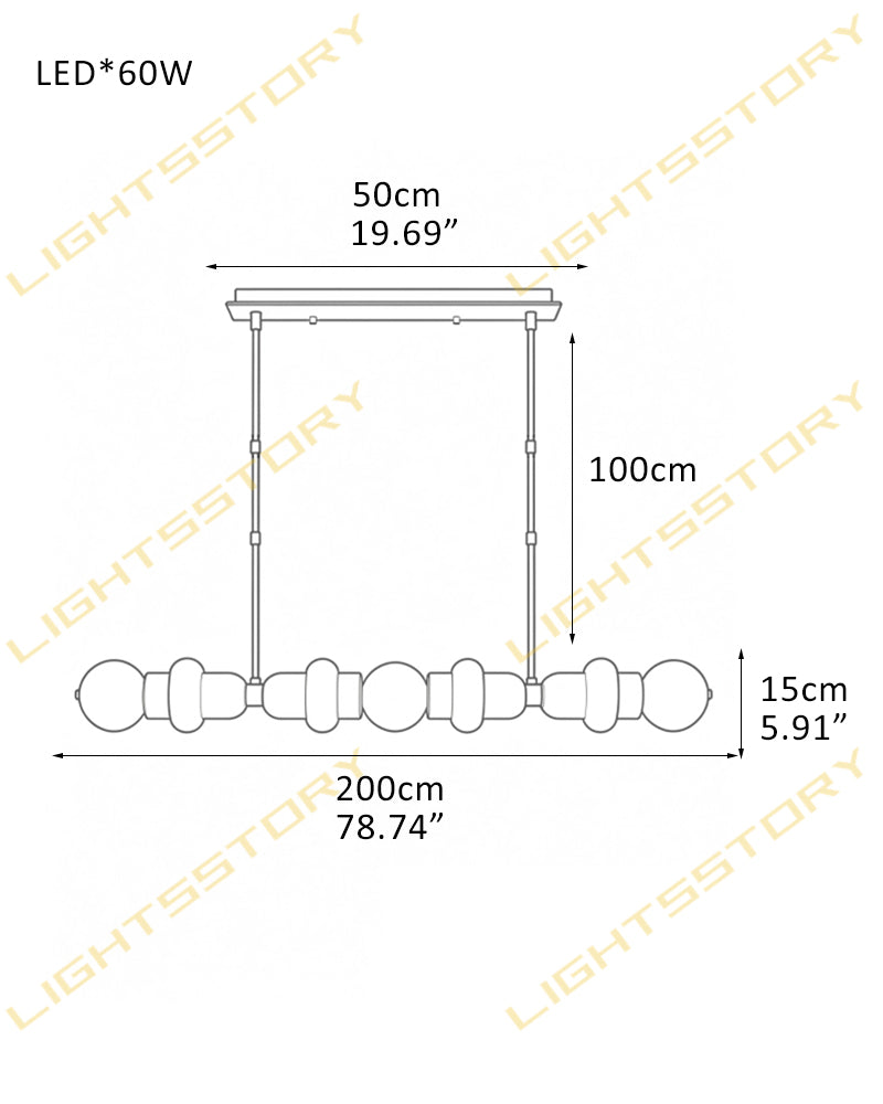 Technical dimension diagram of a linear LED pendant light fixture, showing measurements of 200cm length, 100cm vertical height, 50cm canopy width, and 15cm bulb spacing, on a white background with LIGHTSSTORY watermarks.