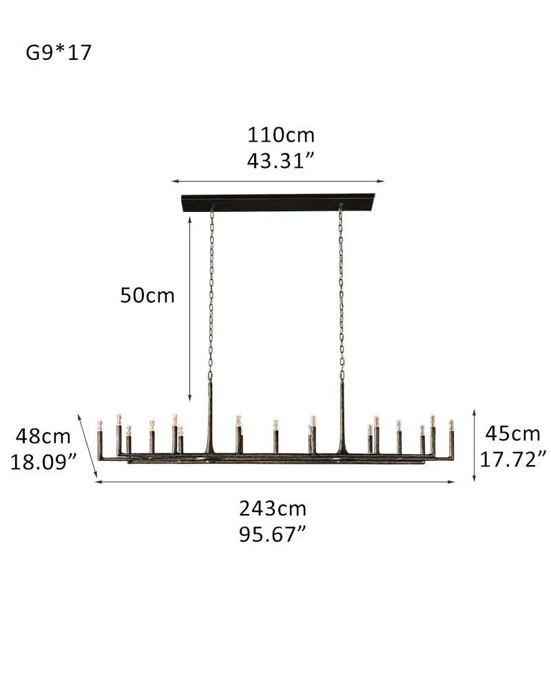 Thod Hand-Forged Iron Linear Chandeliers Black Wide 54" 72" 95" for Dining table 17-light-L243*W48*H48CM L95.67“*W18.9“*H17.72" Black American Vintage chandelier lamp
