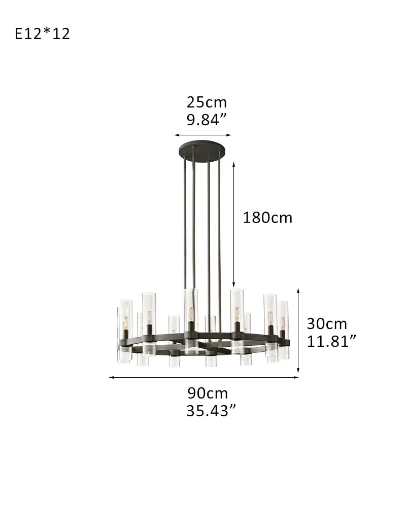 LightsStory Series Geometric Chandelier | Round Wheel Premium hand-blown glass and solid brass construction, Black Stainless finish for Dining Rooms and Living Areas 12-light-D90*H30CM D35.43"*H11.81" Black American chandelier