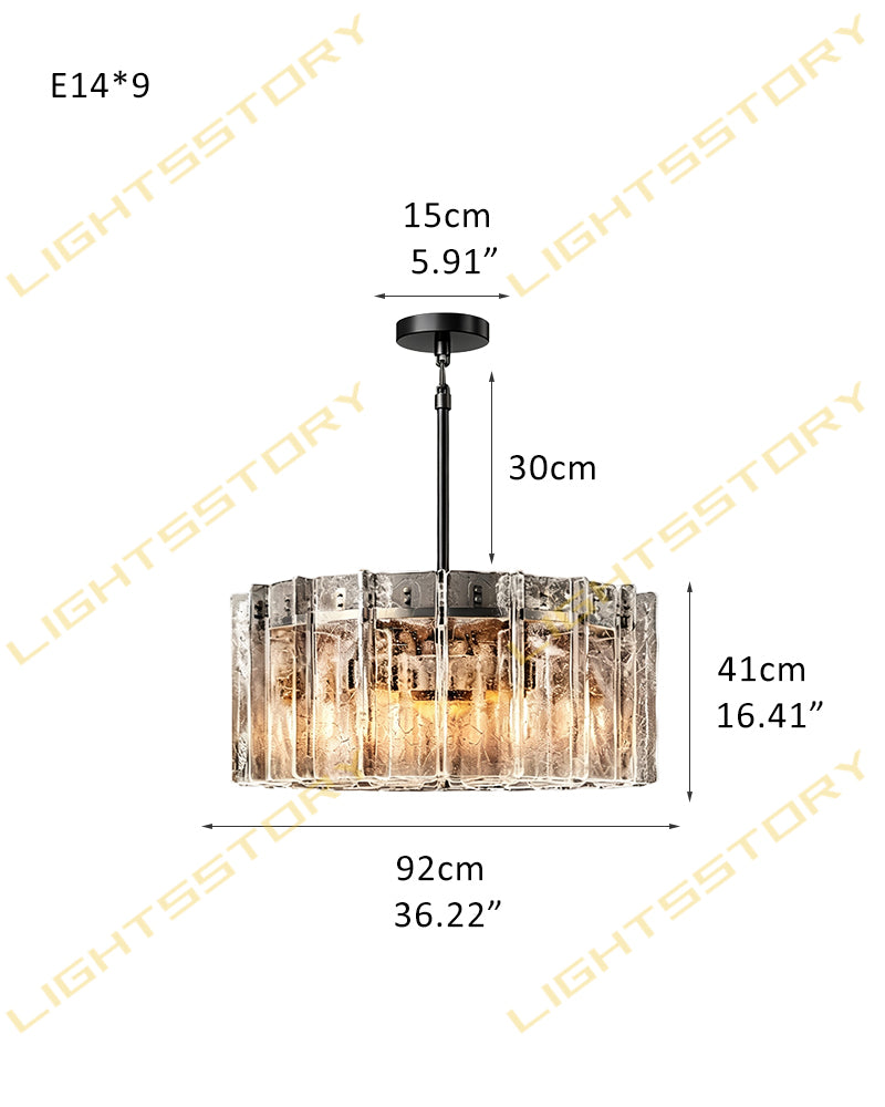 Gordes Ice Glass Fluted Tile Round Halo Drum Chandelier - Smoky Glass, Lux Gold Trim - Living Rooms, Bedrooms, Dining Rooms
