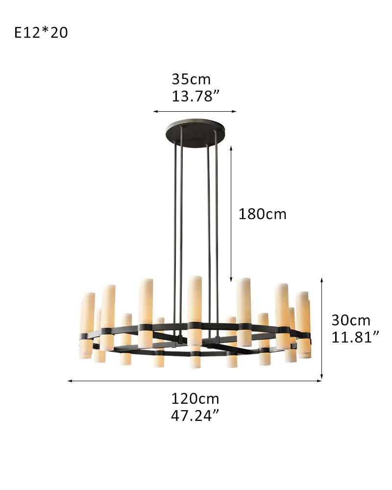 Vintage Simplicity Cylinder Milk Glass Round Ravelle Chandelier Lacquered Black | Living Lighting - Kitchener 20-light-D120*H30CM D47.24"*H11.81" Black American chandelier