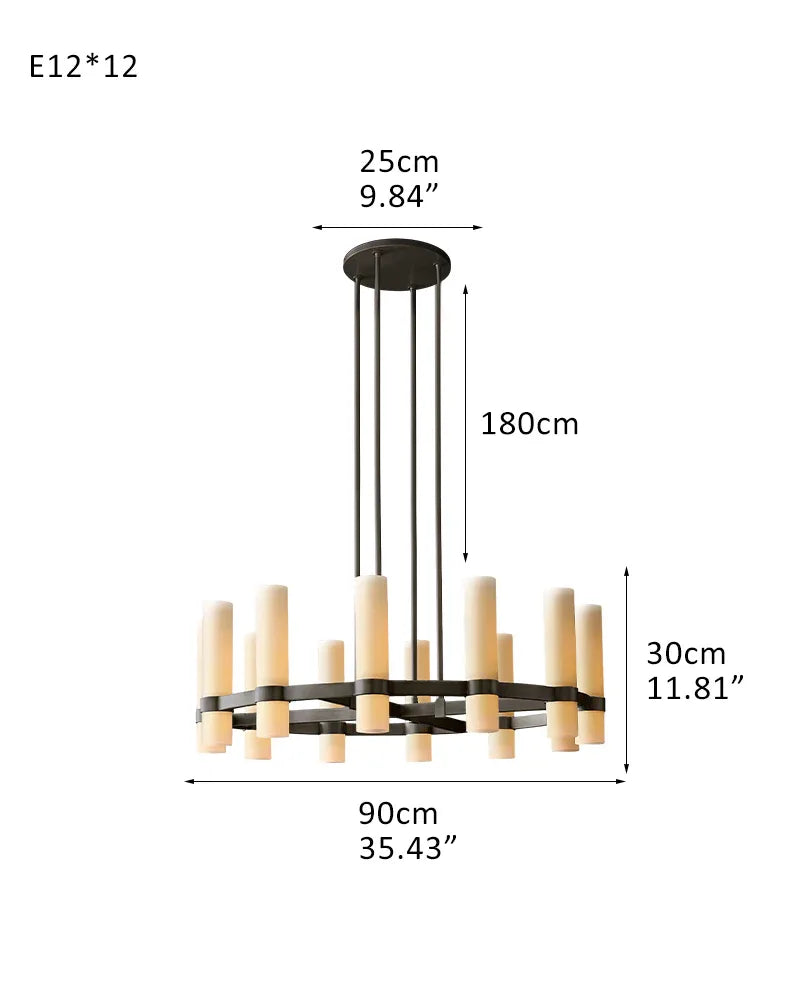 Vintage Simplicity Cylinder Milk Glass Round Ravelle Chandelier Lacquered Black | Living Lighting - Kitchener 12-light-D90*H30CM D35.43"*H11.81" Black American chandelier