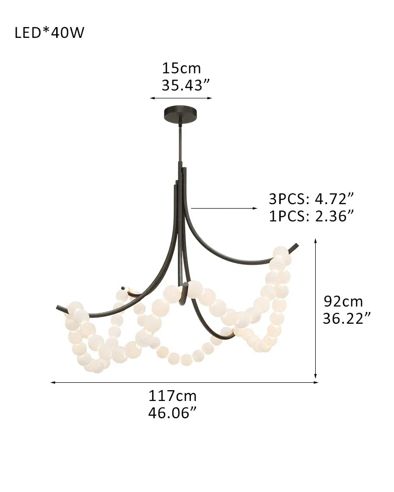 Cluster String Alabaster Beads Semi Flush Chandelier in Brass & Black Metal Rod D117*H92CM D46"*H36" Black American chandelier