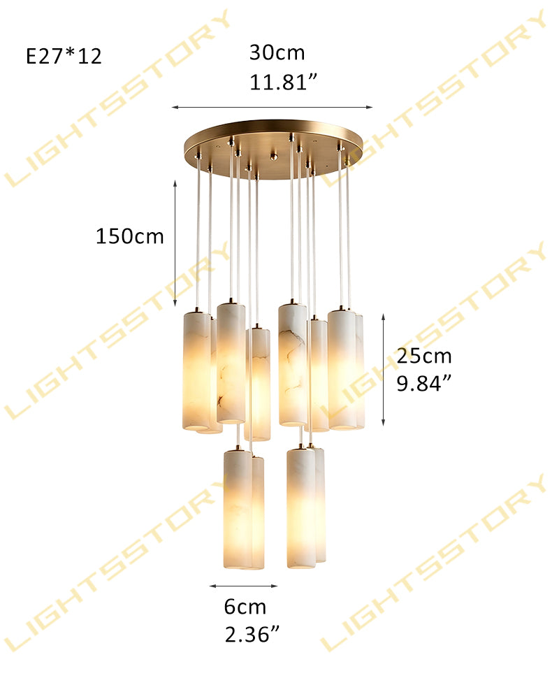 Alabaster Cylinder Rod Cluster Pendant Light - Natural Spanish Alabaster Rods, Serene Black Trim - Kitchens, Dining & Living Rooms