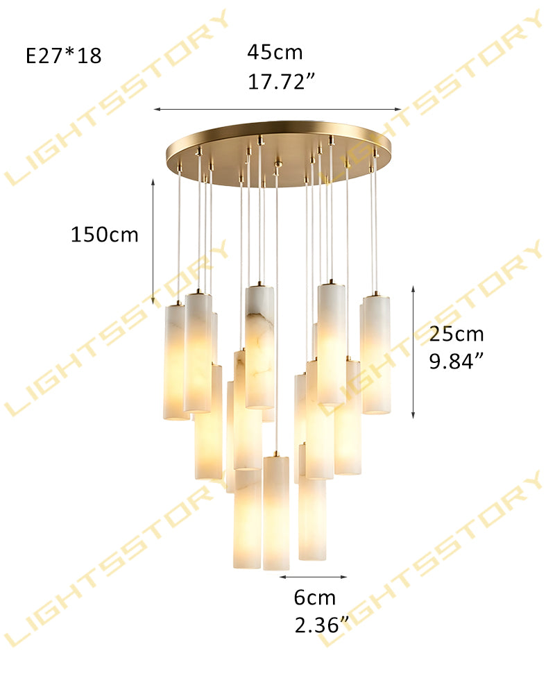Alabaster Cylinder Rod Cluster Pendant Light - Natural Spanish Alabaster Rods, Serene Black Trim - Kitchens, Dining & Living Rooms