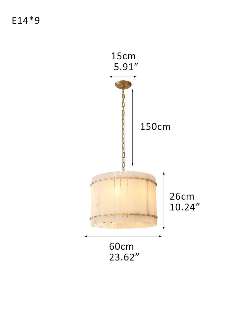 Val d’Isère Series Architectural Chandelier | Double Tier Drum Hand-carved alabaster panels with durable steel frame, Mid-century steel finish for Dining rooms, foyers, or offices 9-light-L60*H26CM L24"*H10"(2 tiered) Brass American Vintage chandelier lamp