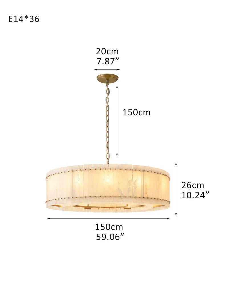 Val d’Isère Series Architectural Chandelier | Double Tier Drum Hand-carved alabaster panels with durable steel frame, Mid-century steel finish for Dining rooms, foyers, or offices 36-light-L150*H26CM L59.06"*H10"(2 tiered) Brass American Vintage chandelier lamp