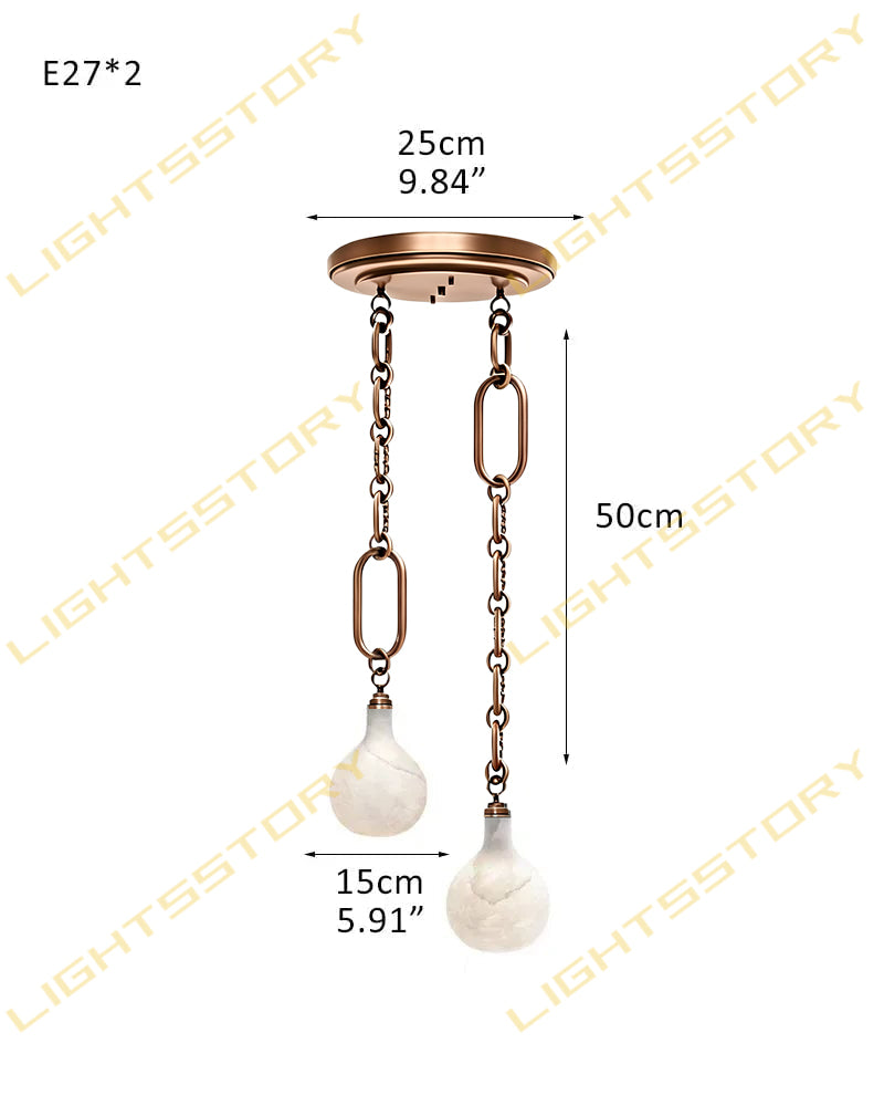 Alabaster Teardrop Orb Chain Draped Dual Canopy Cluster Pendant Light - Natural Spanish Alabaster, Custom, Matte Chrome Finishes - Kitchens, Dining & Living Rooms