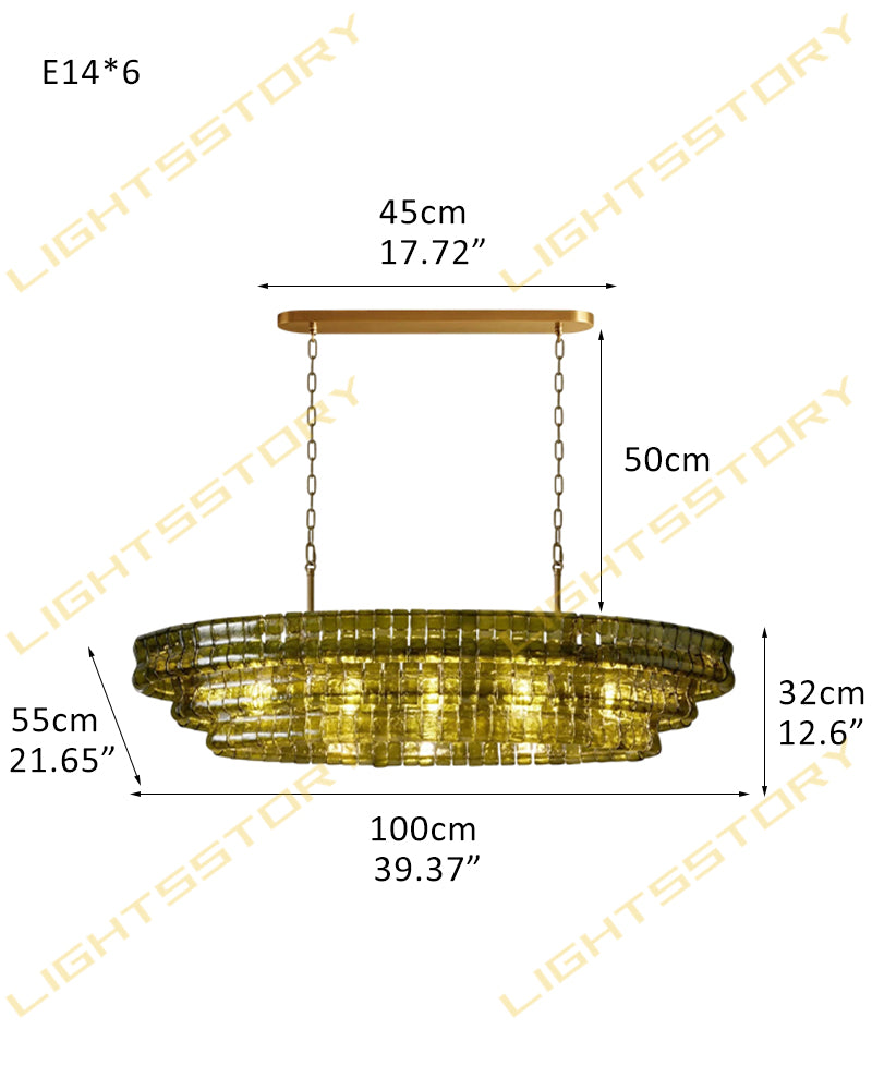 Brina Ghiaccio Smoked Green Murano Glass Oval Linear Chandelier - Textured Ice Glass, Lux Gold Trim - Kitchen Islands & Dining Rooms