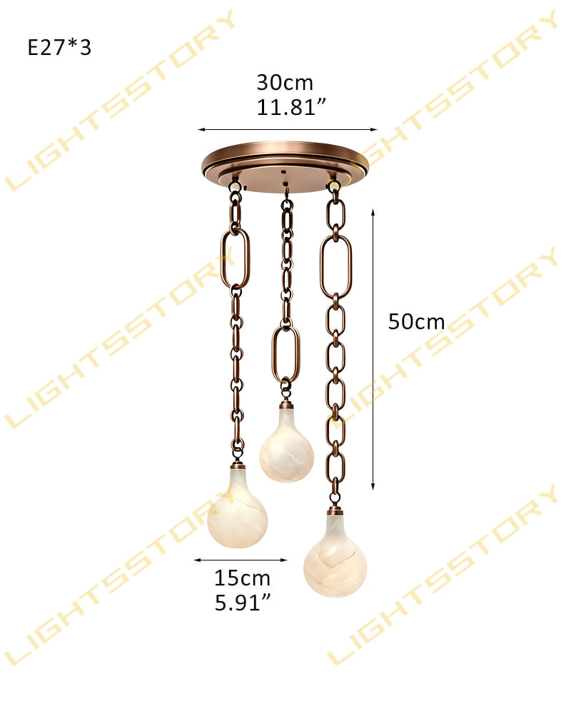 Alabaster Teardrop Orb Chain Draped Dual Canopy Cluster Pendant Light - Natural Spanish Alabaster, Custom, Matte Chrome Finishes - Kitchens, Dining & Living Rooms