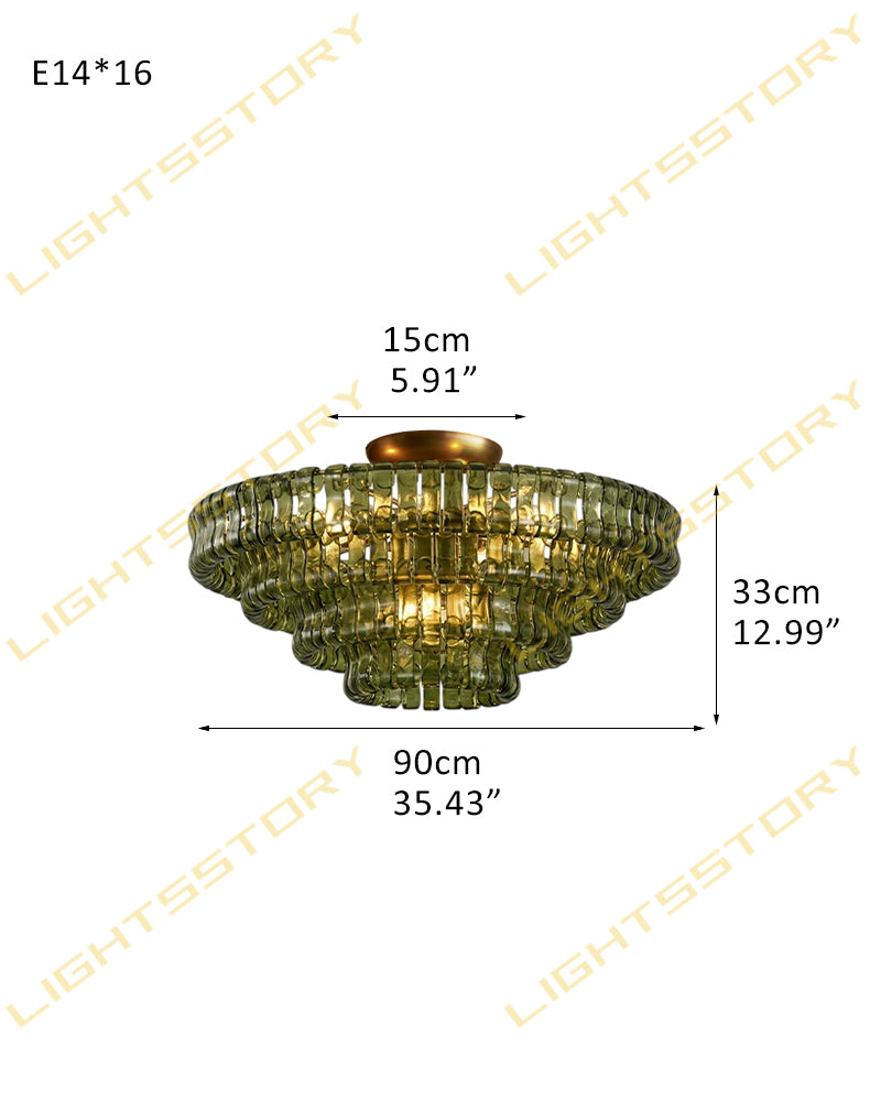 Brina Ghiaccio Murano Glass Smoked Green Cascade Ceiling Light - Textured Glass, Semi Flush Mount - Living Rooms & Dining Rooms.